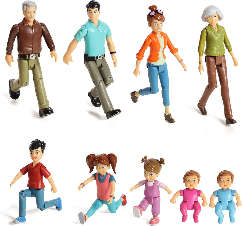 Sweet Li'l Family Dollhouse People Set of 9 Action Figure Set - Grandpa, Grandma, Mom, Dad, Sister, Brother, Toddler, Twin Boy & Girl
