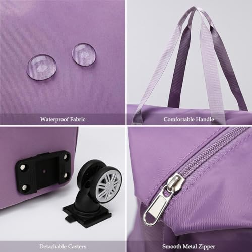 Rolling Duffle Bag with Wheels and Handle Foldable Travel Bag Expandable Carry on Bag with Detachable Casters Wheeled Weekender Bag for Women & Men - Purple