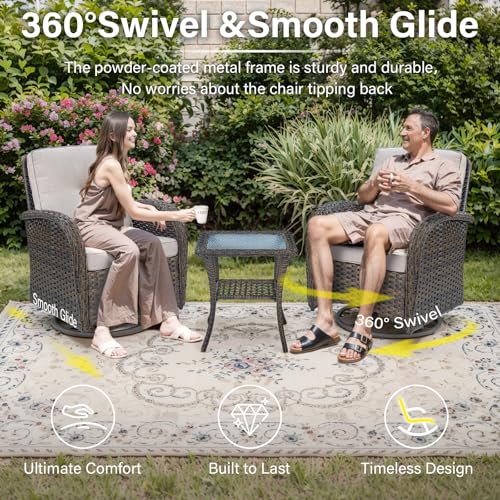 Patio Wicker Chairs Swivel Rocker - Outdoor Swivel Rocking Chairs Set of 2 with Rattan Side Table, Patio Swivel Glider Chair 3 Piece Patio Furniture Sets for Deck Porch Pool Brown/Blue