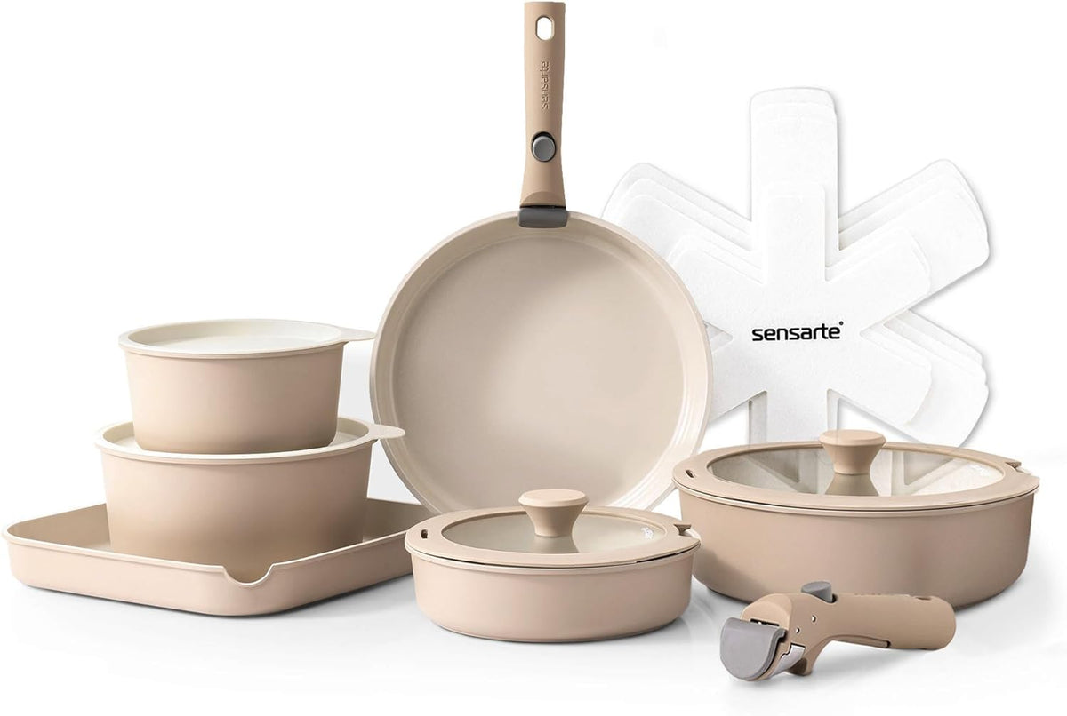 SENSARTE 17 Piece Ceramic Pots and Pans Set, Nonstick Detachable Handle Cookware, Induction Kitchen Cookware Set with Removable Handle, Dishwasher ?? Oven Safe (Gray)