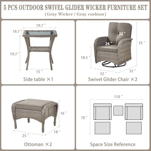 Patio Wicker Chairs Swivel Rocker - Outdoor Swivel Rocking Chairs Set of 2 with Rattan Side Table, Patio Swivel Glider Chair 3 Piece Patio Furniture Sets for Deck Porch Pool Brown/Blue
