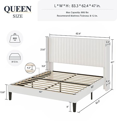 Allewie Queen Size Velvet Bed Frame/Vertical Channel Tufted Wingback Headboard/Upholstered Platform Bed/Strong Wooden Slats/No Box Spring Needed/Easy Assembly/Black