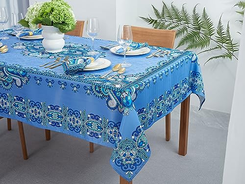 YiHomer Mykonos Blue Paisley Tile Bordered Tabletop for Spring Summer Decorations, Picnics and Dinner Parties - Indoor Outdoor, Stain and Water Resistant, Tablecloth, 60 x 84 Rectangle