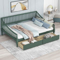 Full Size Wooden Daybed with 2 Storage Drawers and Wood Support Legs, Multi-Functional Full Day Bed wtih Rails on 3 Sides for Bedroom, Living Room and Guestroom, Green