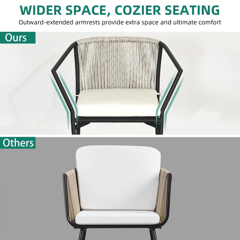 Dextrus 3-Piece Patio Conversation Bistro Set, Outdoor Wicker Dining Table Chairs Set, With 2 Stackable Chairs, Cushions, Side Table - White