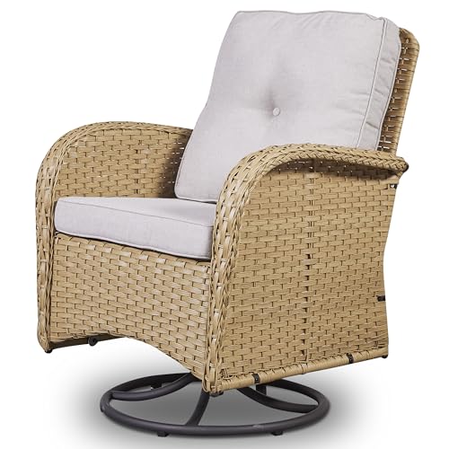 Patio Wicker Chairs Swivel Rocker - Outdoor Swivel Rocking Chairs Set of 2 with Rattan Side Table, Patio Swivel Glider Chair 3 Piece Patio Furniture Sets for Deck Porch Pool Brown/Blue
