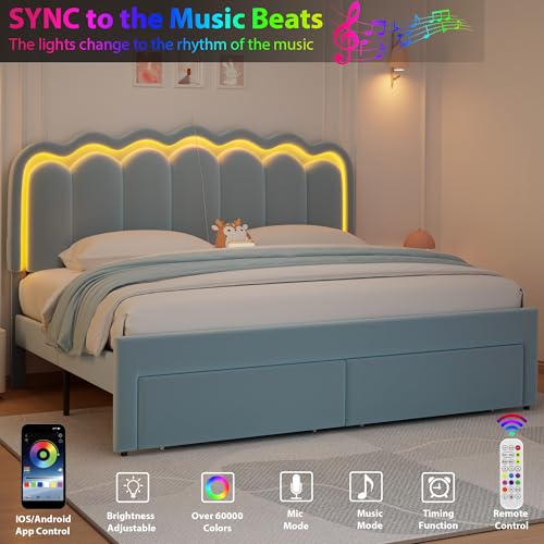 Twin Upholstered LED Bed Frame with Storage Drawer and Adjustable Chic Double Wavy Headboard, Velvet Princess Platform Bed for Kids/Girls, Solid Wood Slats Support, No Box Spring Needed, Beige