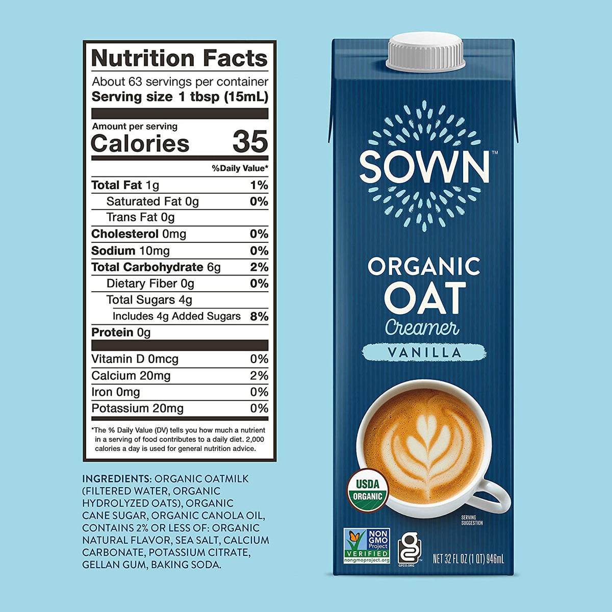 SOWN Organic Oat Creamer Unsweetened - Barista Oat Milk Non Dairy Coffee Creamer - Plant Based, Dairy-Free, Vegan, 0g Added Sugar, Gluten-Free, Non-GMO, Shelf Stable - 32oz (Pack of 6)