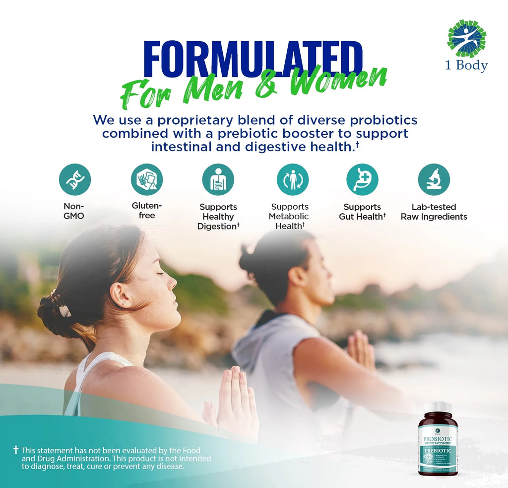 (2 bottles) 1 Body Probiotic 30 Billion CFU Supplement with Prebiotics with 120 Acid Resistant Vegan Capsules to Promote Gut Health & Support Immune System for Men and Women
