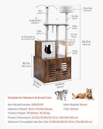 VEVOR Large Cat Tree with Litter Box Enclosure, 55.12 inches Tall, 2-in-1 Cat Tower, Multi-Level Cat Condo Furniture with Perches, Sisal Scratching Posts, Hammock, Big Kittens House for Indoor Cats