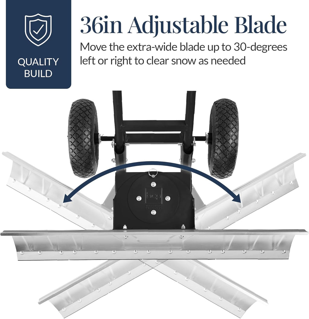 Best Choice Products 36in Galvanized Blade Heavy-Duty 2-Wheel Snow Pusher Hand Plow for Snow Removal w/Wheels, Adjustable Handle, Blade Angle - Black