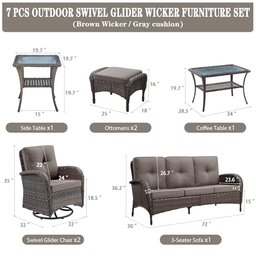 Patio Wicker Chairs Swivel Rocker - Outdoor Swivel Rocking Chairs Set of 2 with Rattan Side Table, Patio Swivel Glider Chair 3 Piece Patio Furniture Sets for Deck Porch Pool Brown/Blue