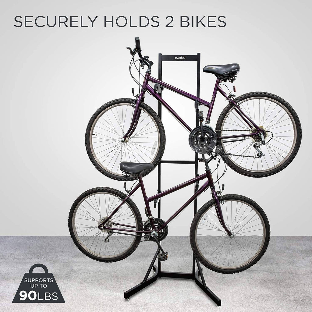 RaxGo Bike Storage Rack, 2 Bicycle Garage Stand, Adjustable, Freestanding, Adjustable Hooks Universal for Indoor Use