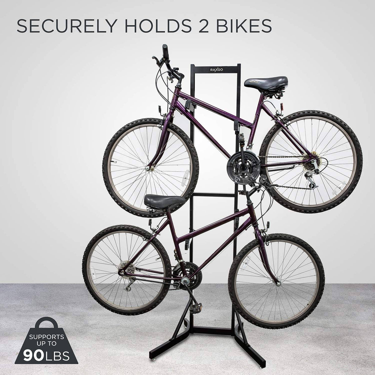 RaxGo Bike Storage Rack, 2 Bicycle Garage Stand, Adjustable, Freestanding, Adjustable Hooks Universal for Indoor Use