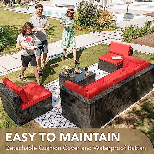 Devoko Patio Furniture Sets 6 Pieces Outdoor Sectional Rattan Sofa Manual Weaving Wicker Patio Conversation Set with Glass Table and Cushion (Beige)