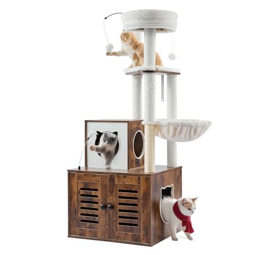 VEVOR Large Cat Tree with Litter Box Enclosure, 55.12 inches Tall, 2-in-1 Cat Tower, Multi-Level Cat Condo Furniture with Perches, Sisal Scratching Posts, Hammock, Big Kittens House for Indoor Cats