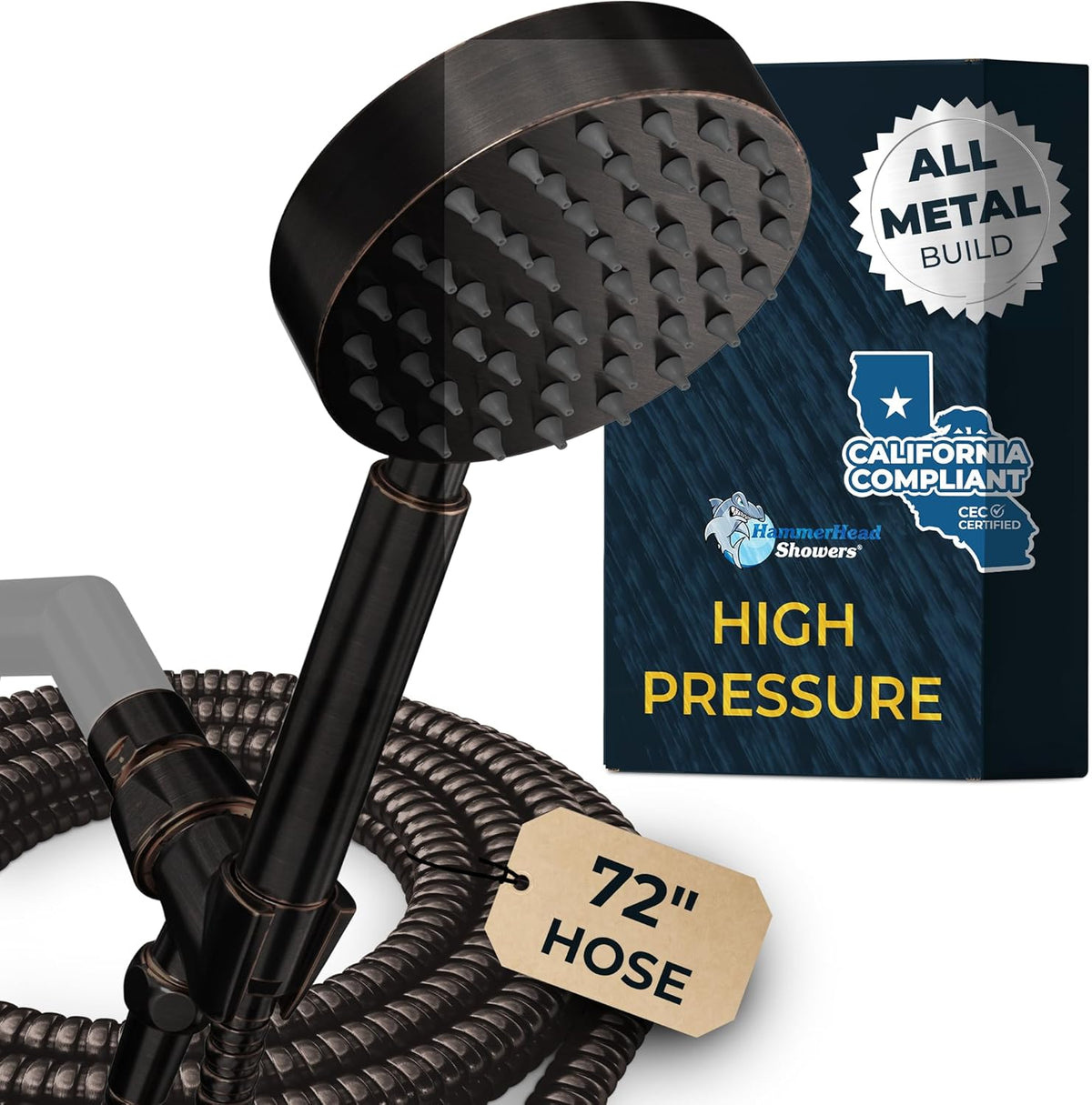 HammerHead Showers? Solid Metal LOW FLOW Handheld Shower Head with Hose and Brass Holder - OIL RUBBED BRONZE ?C Water Saving 1.75 GPM Detachable Shower Head - Adjustable Shower Wand Bracket & 6ft Hose