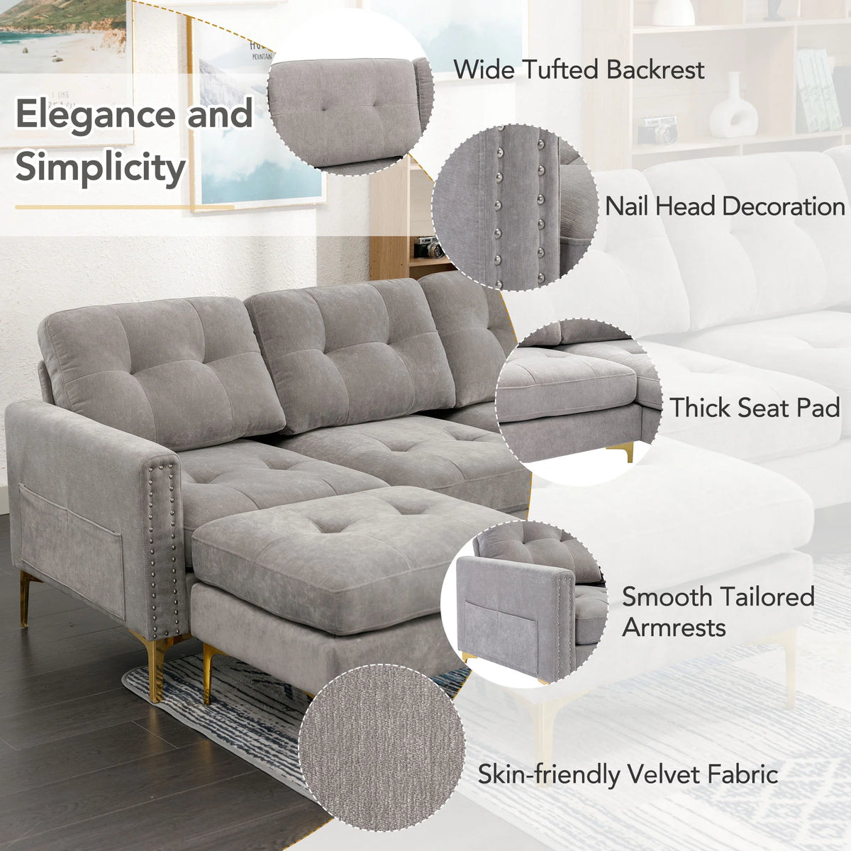 Soges U-Shaped Sectional Sofa with Ottoman, Convertible Couch for Living Room, 5 Seater Sofa, Gray, 110x54