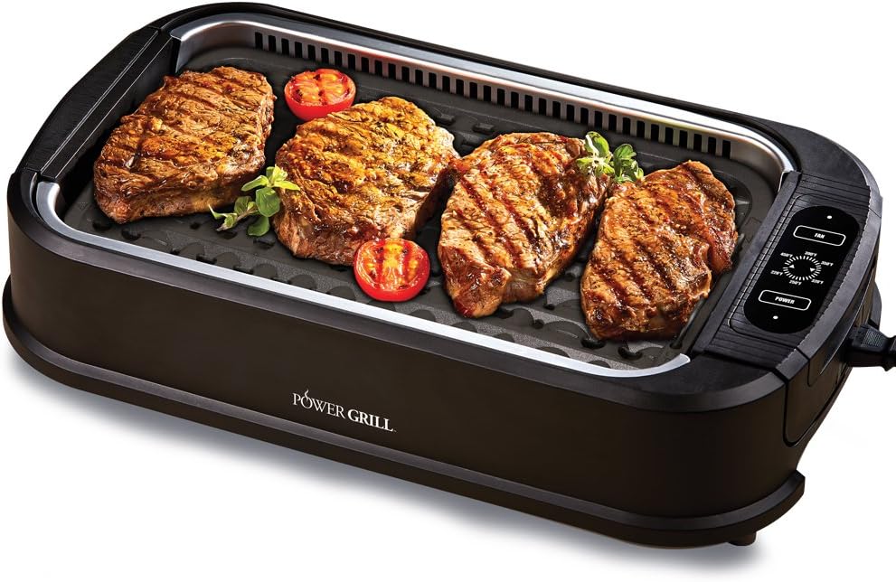 Power XL Smokeless Electric Indoor Removable Grill and Griddle Plates, Nonstick Cooking Surfaces, Glass Lid, 1500 Watt, 21X 15.4X 8.1, black