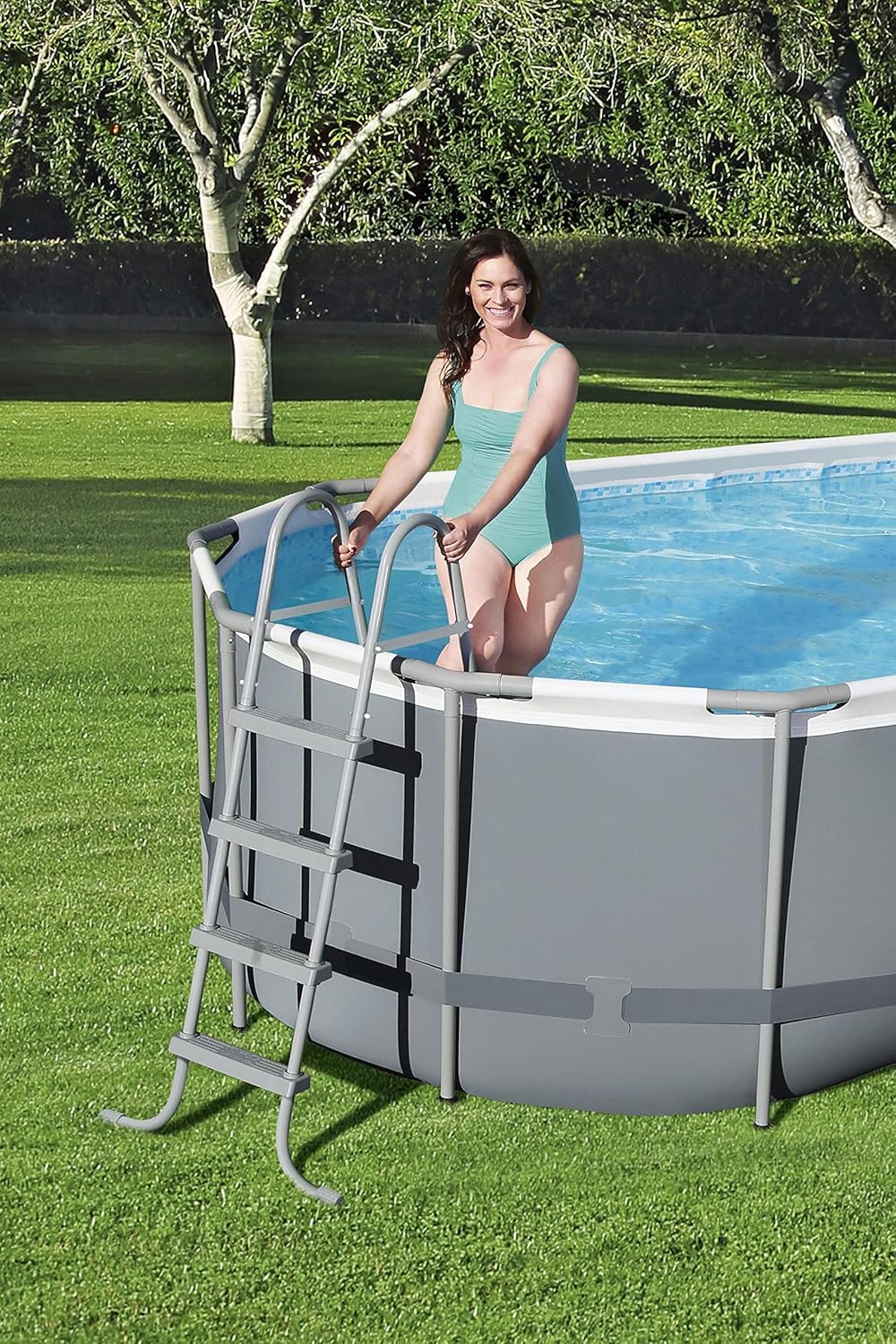 Bestway 56655E Power Steel 16ft x 10ft x 42in Outdoor Oval Frame Above Ground Swimming Pool Set with 1000 GPH Cartridge Filter Pump, Ladder, and Cover