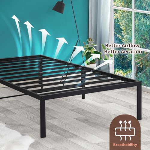 PrimaSleep 18 Inch Tall Heavy Duty Steel Slat Bed Frame/Anti-Slip Support/Easy Assembly Mattress Foundation/No Noise/No Box Spring Needed/Full/Black