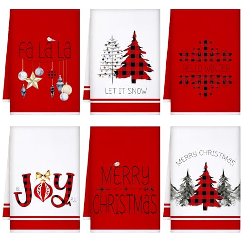 Geyoga 6 Pcs Merry Christmas Kitchen Towels Buffalo Plaid Xmas Tree Dish Towels Hand Towel Tea Towel Absorbent Soft Drying Cloth for Holiday Housewarming Gifts, 16x24 Inch(Gray White)