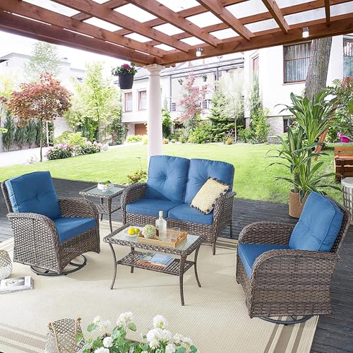 Patio Wicker Chairs Swivel Rocker - Outdoor Swivel Rocking Chairs Set of 2 with Rattan Side Table, Patio Swivel Glider Chair 3 Piece Patio Furniture Sets for Deck Porch Pool Brown/Blue