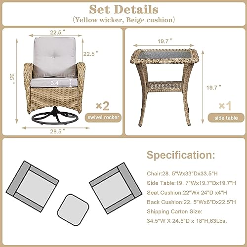 Patio Wicker Chairs Swivel Rocker - Outdoor Swivel Rocking Chairs Set of 2 with Rattan Side Table, Patio Swivel Glider Chair 3 Piece Patio Furniture Sets for Deck Porch Pool Brown/Blue