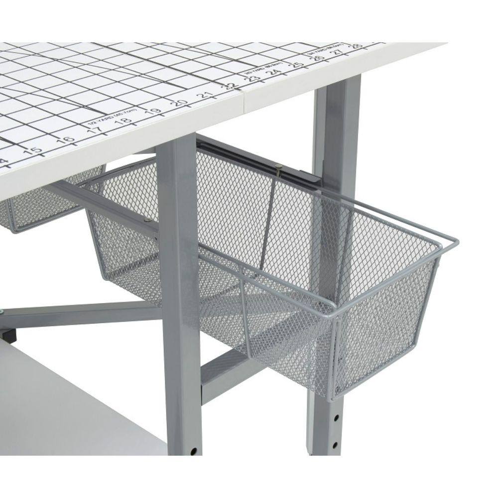 Sew Ready Mobile Folding Height Adjustable Quilting Fabric Cutting Table with Sewing Board Grid and Storage in Silver/White Top