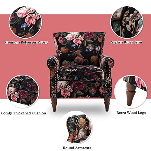 HULALA HOME Modern Wingback Accent Chair with Wood Legs & Removable Cushion, Comfy Upholstered Armchair with Nailhead Trim, Floral Pattern Single Sofa Chair for Living Room Bedroom, Blue