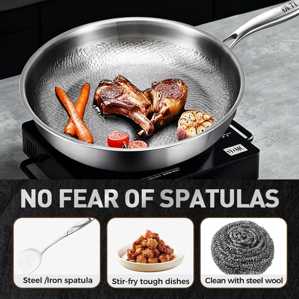 Titanium Hammered Pan Pro with Lid, 2025 New Multifunctional Ultra-Durable Scratch-Resistant Non Stick, 12 Pure Titaniums Pro Pans for Cook, Titanium Frying Pan for All Stovetops (11.81in, With Lid)