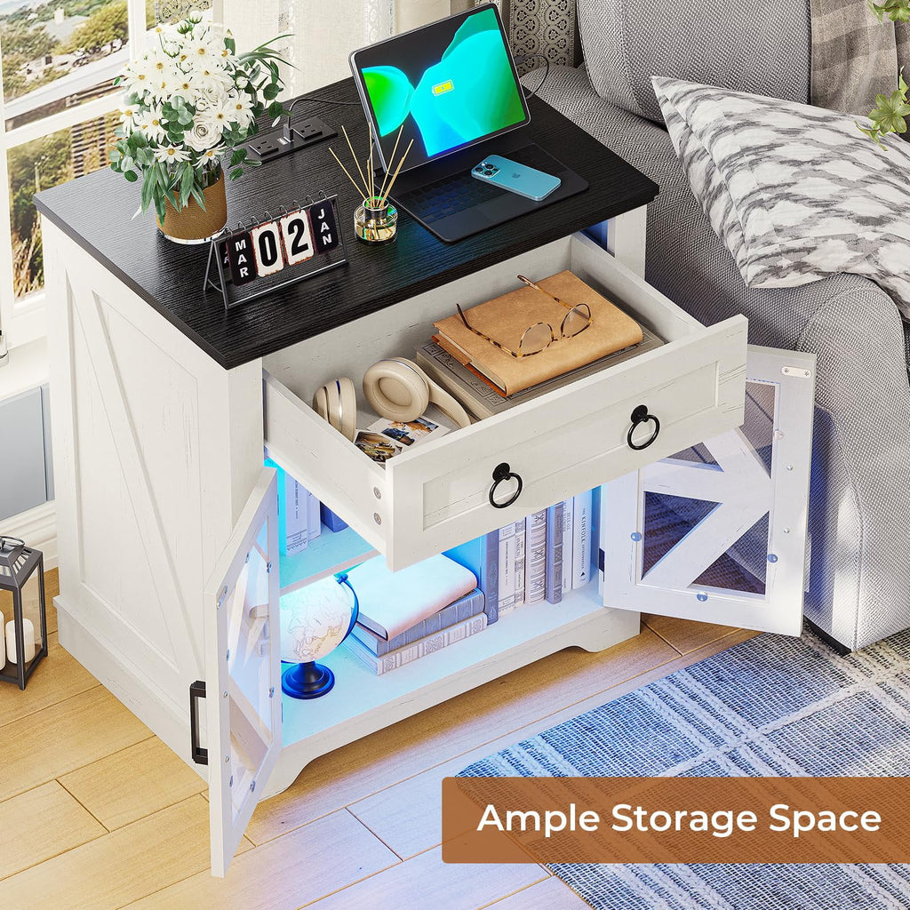 Farmhouse End Table with Charging Station, Side Table with LED Lights, White Night Stand for Living Room, Bedroom