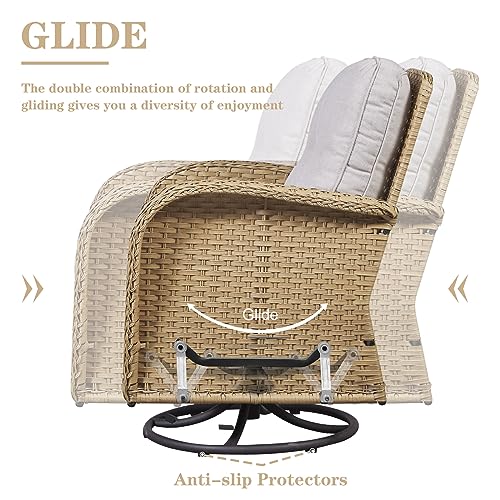 Patio Wicker Chairs Swivel Rocker - Outdoor Swivel Rocking Chairs Set of 2 with Rattan Side Table, Patio Swivel Glider Chair 3 Piece Patio Furniture Sets for Deck Porch Pool Brown/Blue