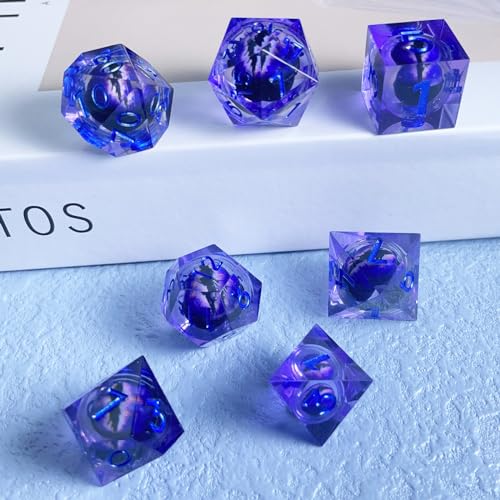 Sharp Edge Resin DND Dice Set Handmade Quicksand Liquid 7 Pcs Polyhedral RPG Dice with Box for Dungeons and Dragons Gifts D and D Role Playing Dice Games (Styles 12 Quicksand Blue)