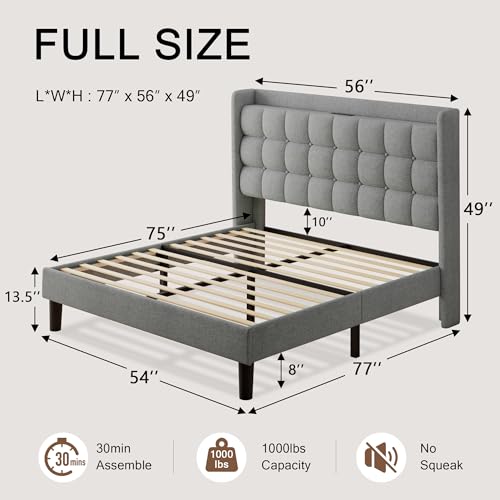 Queen Bed Frame, Upholstered Platform Bed with Charging Station, Modern Wingback Storage Headboard, Solid Wood Slats Support, No Box Spring Needed, Dark Gray