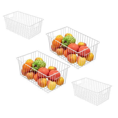 Freezer Wire Baskets, Kitchen Storage Organizer Bins for Chest and Upright Freezer, Refrigerator Dividers Containers with Handles - Pearl White (3)