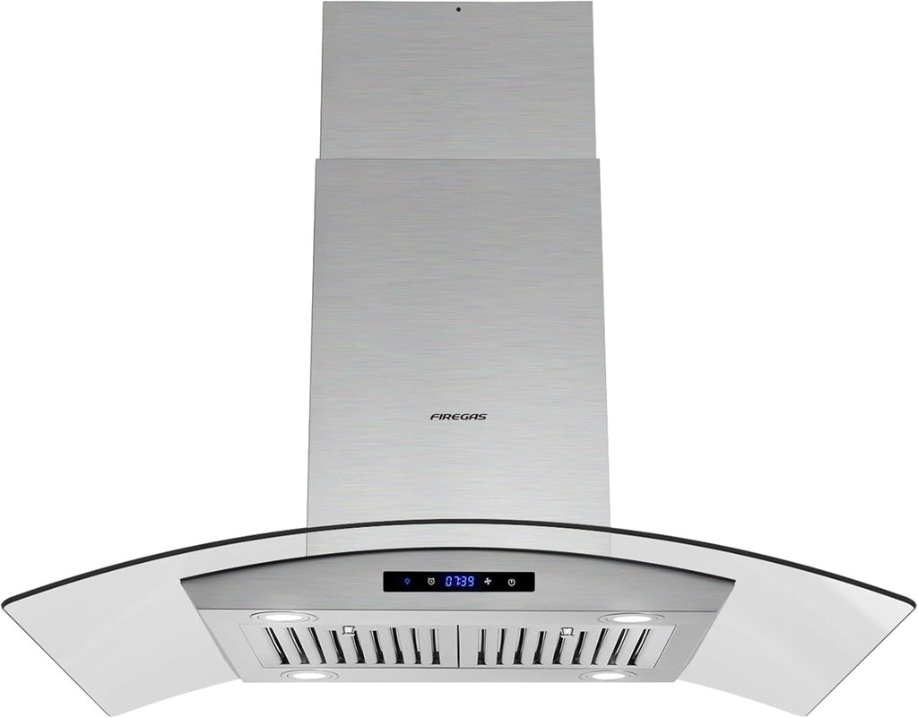 FIREGAS Island Range Hood 36 inch 450 CFM with Chimney,Tempered Glass,4 LED Lights,3 Speed Fan,Touch Control,Permanent Filter,Charcoal Filter,Stainless Steel,Island Mount,Ceiling Mount