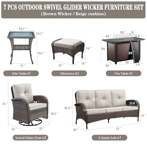 Patio Wicker Chairs Swivel Rocker - Outdoor Swivel Rocking Chairs Set of 2 with Rattan Side Table, Patio Swivel Glider Chair 3 Piece Patio Furniture Sets for Deck Porch Pool Brown/Blue