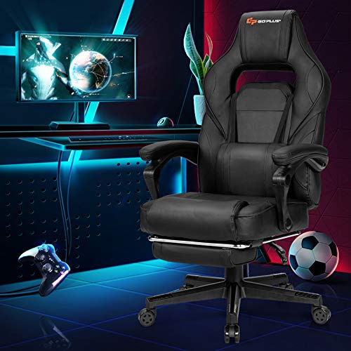Goplus Massage Gaming Chair, Reclining Backrest, Seat Height Adjustment Racing Computer Office Chair with Footrest, Ergonomic High Back PU Swivel Game Chair (White)