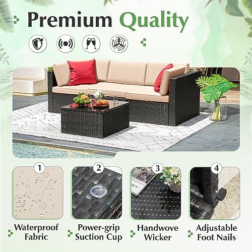 Devoko Patio Furniture Sets 6 Pieces Outdoor Sectional Rattan Sofa Manual Weaving Wicker Patio Conversation Set with Glass Table and Cushion (Beige)