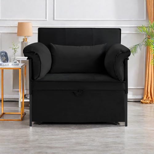 3 in 1 Sleeper Sofa Bed, Futon Sofa Bed for Living Room with Side Pocket, Black Sleepers Sofa Couch with Pullout Bed, Convertible Love Seat Sleepers Bed for Living Room, Bedroom, Small Space