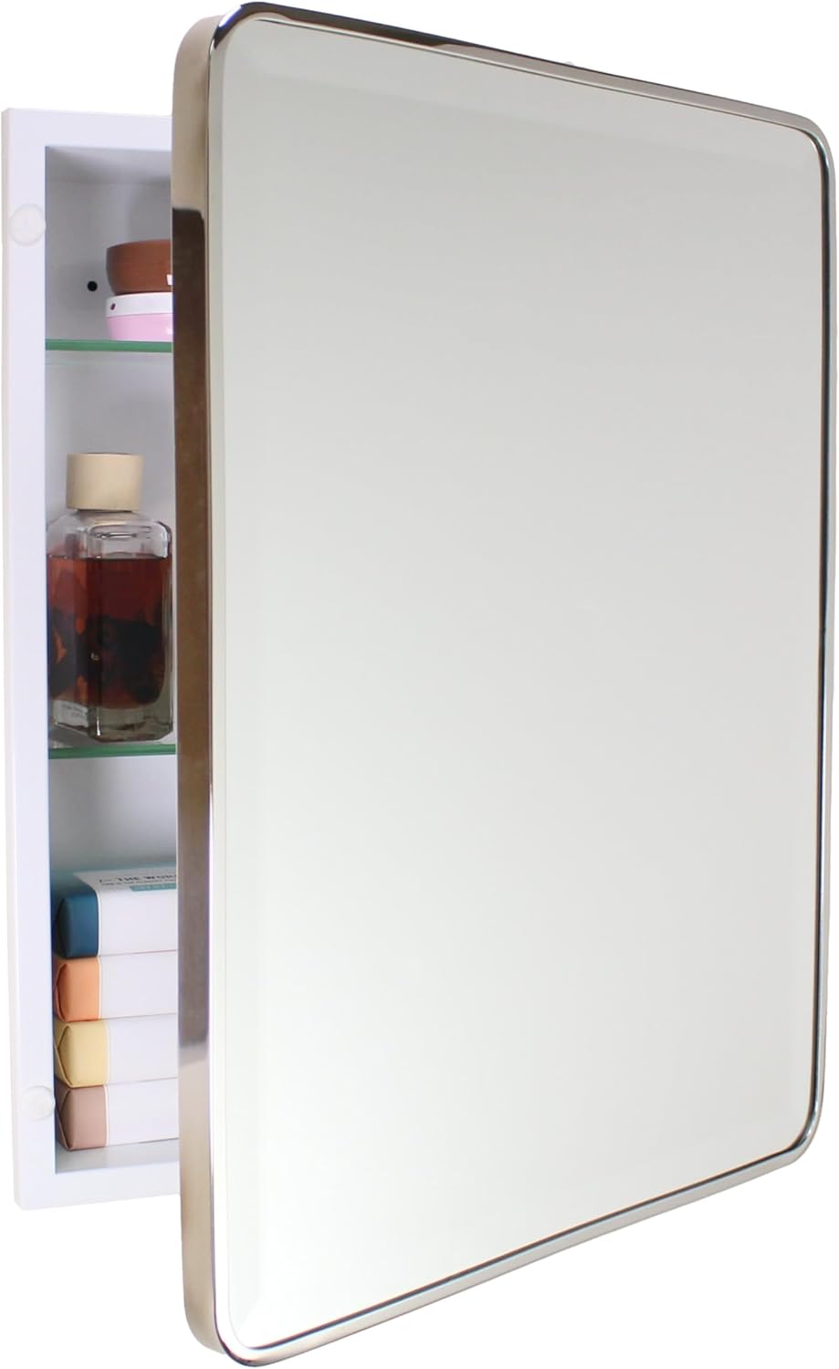 16x20 Austin Farmhouse Metal Framed Rounded Rectangle Recessed Bathroom Medicine Cabinet, Beveled Mirror, 14x18 in-Wall Opening, powder-coated Steel, Glass Shelves, Magnet Close, Brushed Nickel