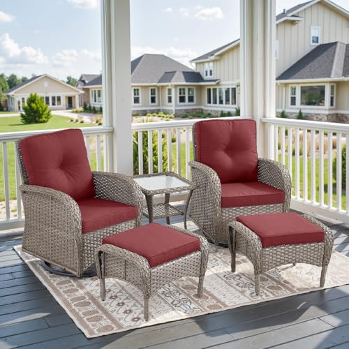 Patio Wicker Chairs Swivel Rocker - Outdoor Swivel Rocking Chairs Set of 2 with Rattan Side Table, Patio Swivel Glider Chair 3 Piece Patio Furniture Sets for Deck Porch Pool Brown/Blue