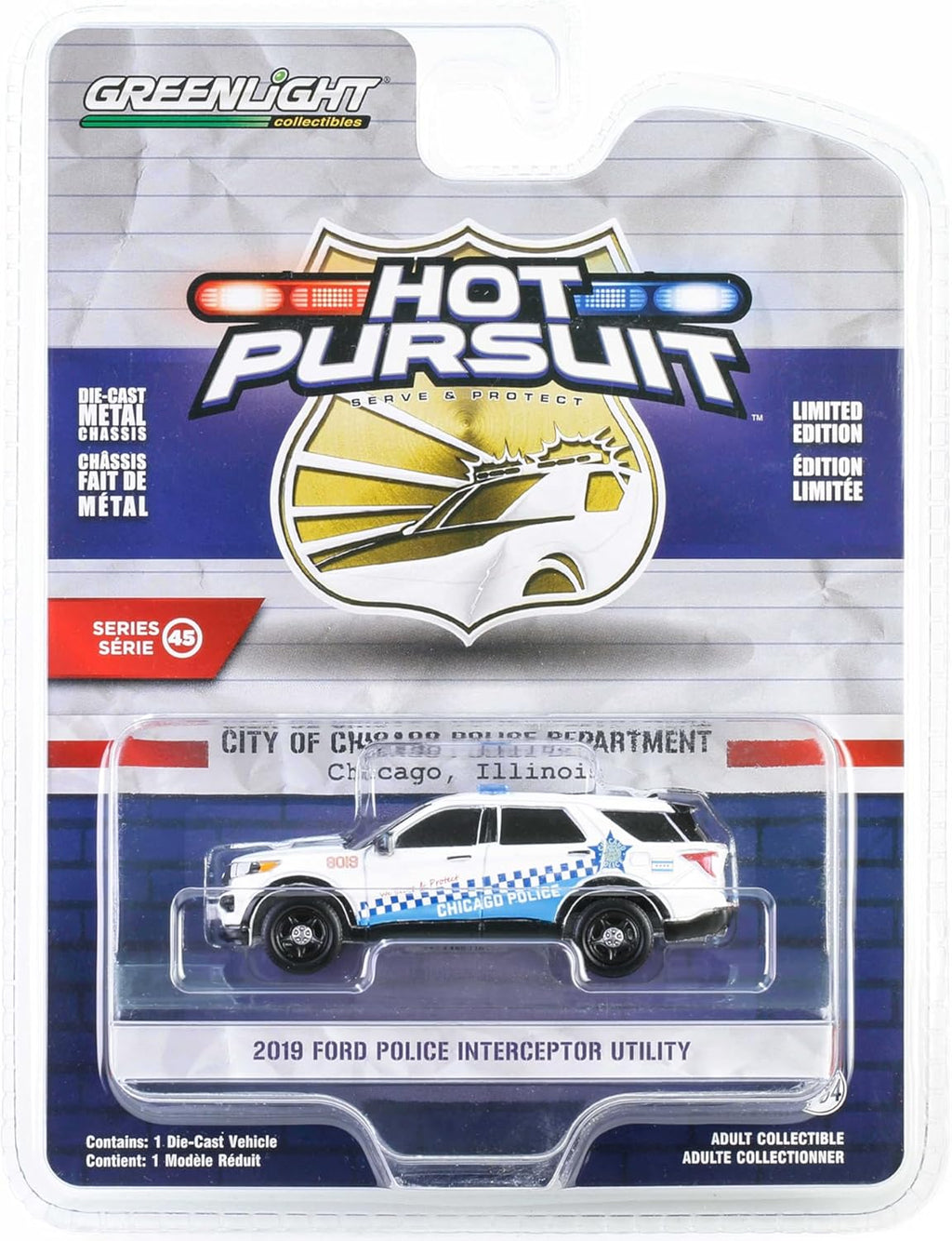2019 Police Interceptor Utility White with Blue Graphics City of Chicago Police Department - Chicago, Illinois Hot Pursuit Series 45 1/64 Diecast Model Car by Greenlight 43030D