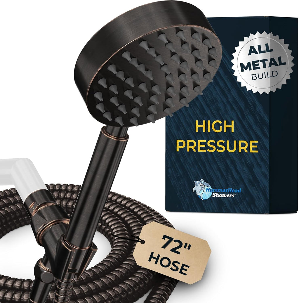 HammerHead Showers? Solid Metal LOW FLOW Handheld Shower Head with Hose and Brass Holder - OIL RUBBED BRONZE ?C Water Saving 1.75 GPM Detachable Shower Head - Adjustable Shower Wand Bracket & 6ft Hose