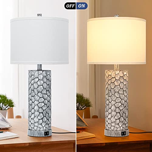 Brightever Table Lamp for Living Room - Touch Lamps Set of 2 with Dual USB Charging Ports, 3-Way Dimmable Farmhouse Lamps for Nightstands, Rustic Bedside Lamp for End Tables, 2 A19 LED Bulbs Included