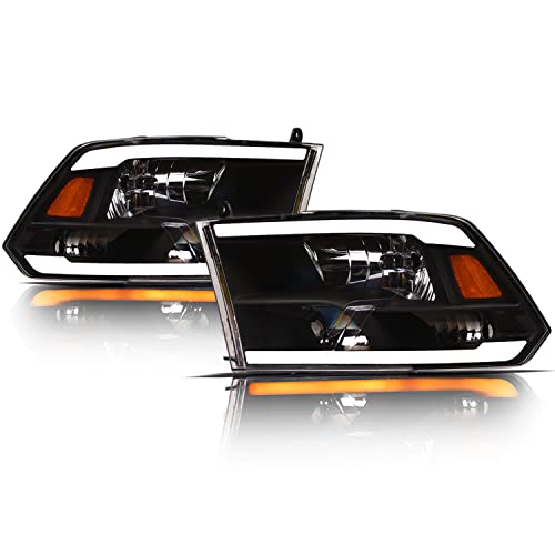 Alpha Owls 8710401 Crystal Headlights With Switchback Sequential LED Light Bar & Startup Light - Black Amber Fits 2009-2018 Dodge Ram 1500 2500 3500/2019-2023 Classic Halogen Models