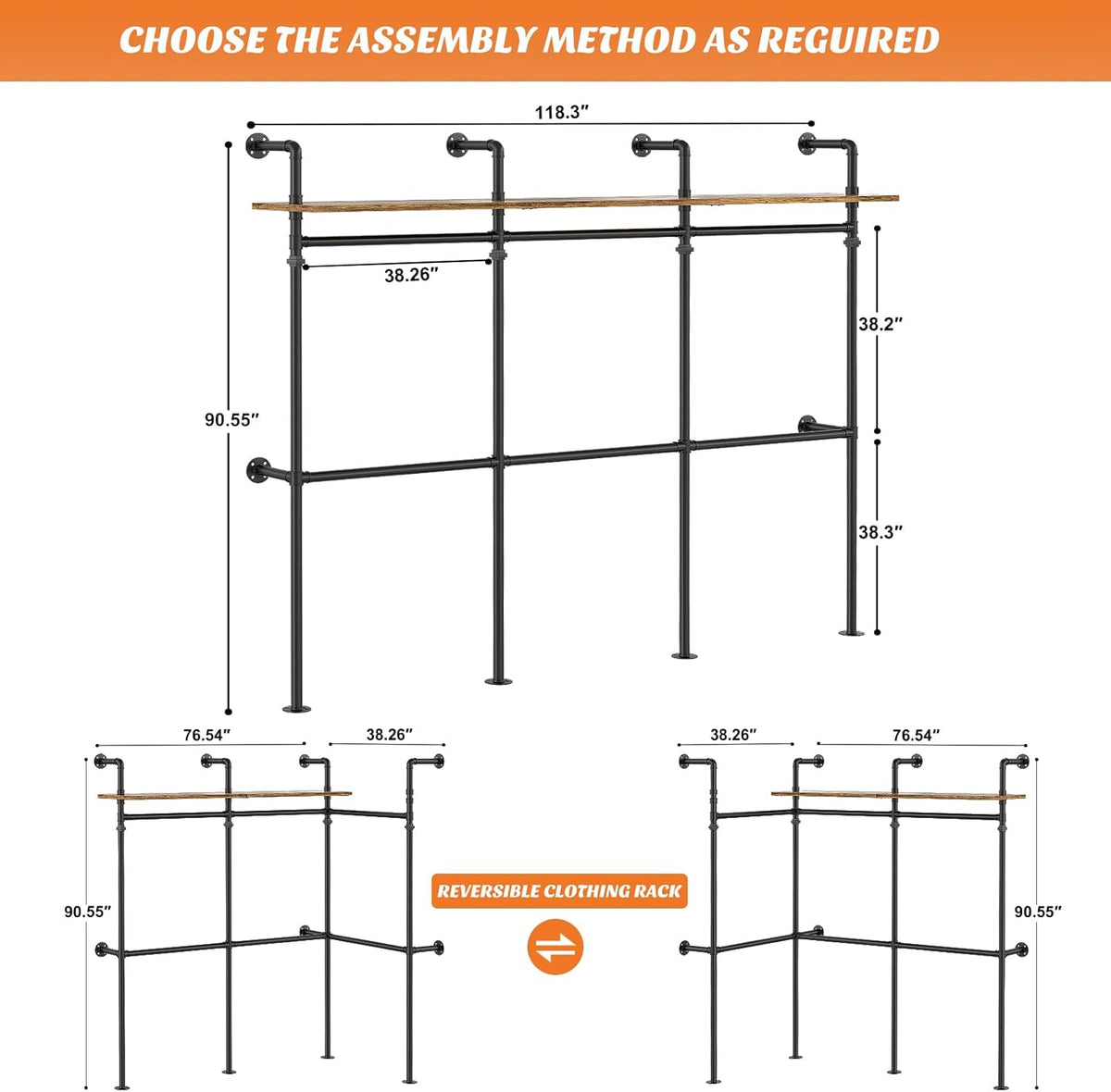 Aheaplus Industrial Pipe Clothing Rack, Reversible 79.7” Clothes Rack for Hanging Clothes, Heavy Duty Garment Racks Closet Wardrobe with LED Lights& Shelves, Walk-in Closet System, Black