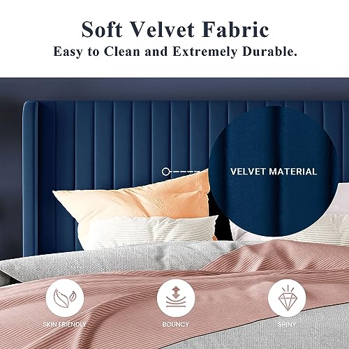 Allewie Queen Size Velvet Bed Frame/Vertical Channel Tufted Wingback Headboard/Upholstered Platform Bed/Strong Wooden Slats/No Box Spring Needed/Easy Assembly/Black