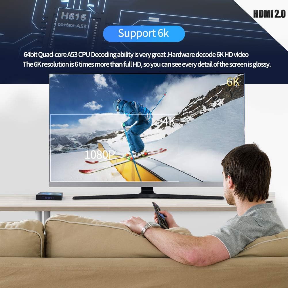 Android 10.0 TV Box, T95 4GB RAM 64 ROM Allwinner H616 Quad-Core 64-bit ARM Cortex-A53 Android Box with 2.4G/5G Dual WiFi 10/100M Ethernet, Support H.265/3D/6K Ultra HD/BT 5.0/HDMI 2.0 Smart TV Box